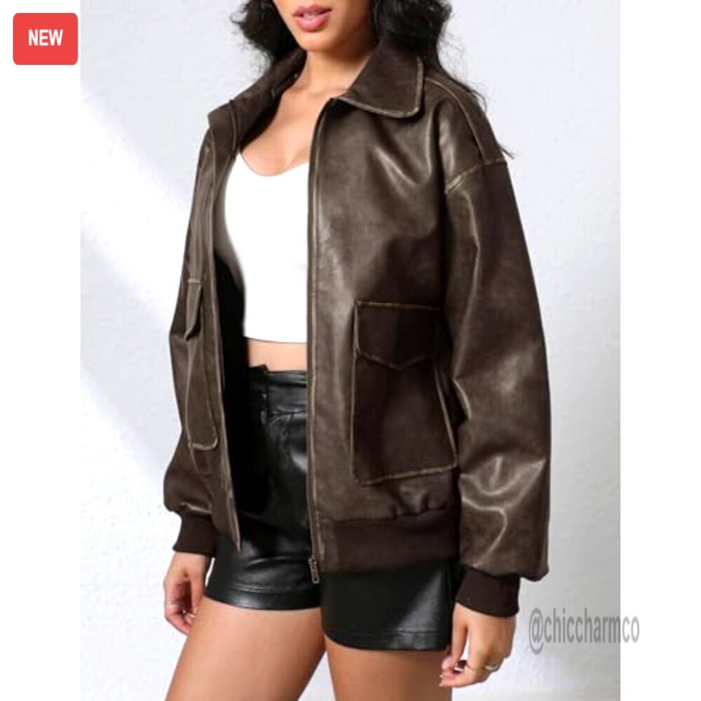 Oversized Faux Leather Bomber Jacket, Zip Up Motorcycle Style, Fall Outerwear - Picture 3 of 7